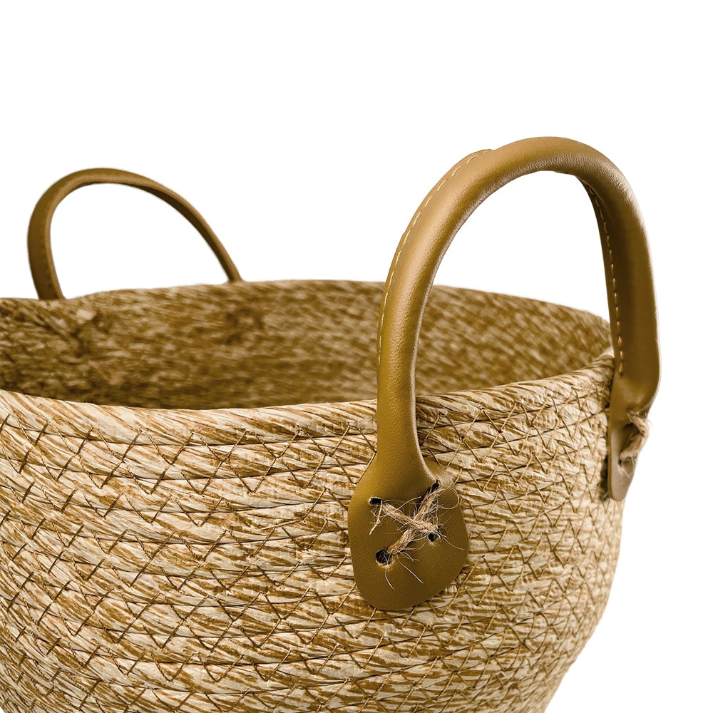 Flettede kurver 3 stk. i sjøgress med kunstlærhåndtak (diameter 31, 28 og 25 cm)