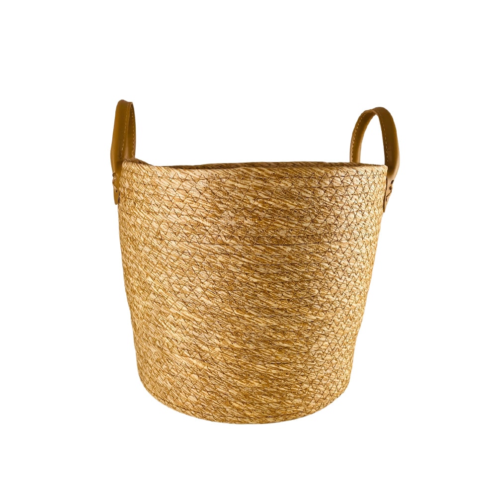 Flettede kurver 3 stk. i sjøgress med kunstlærhåndtak (diameter 31, 28 og 25 cm)