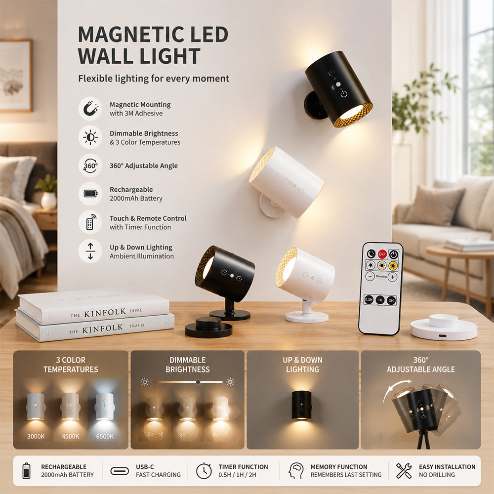 LED-nattlampe 360° roterbar, magnetisk, 3 fargetemperaturer – hvit eller svart