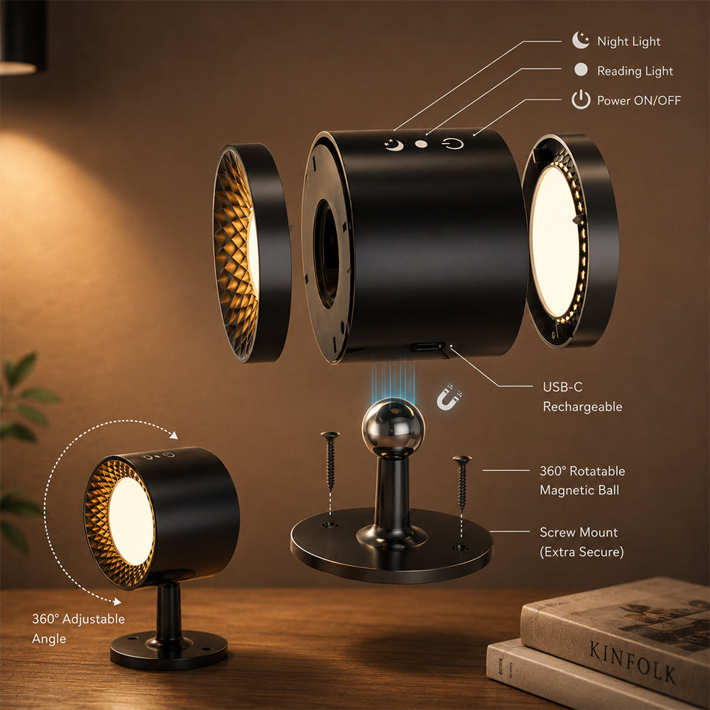 LED-nattlampe 360° roterbar, magnetisk, 3 fargetemperaturer – hvit eller svart
