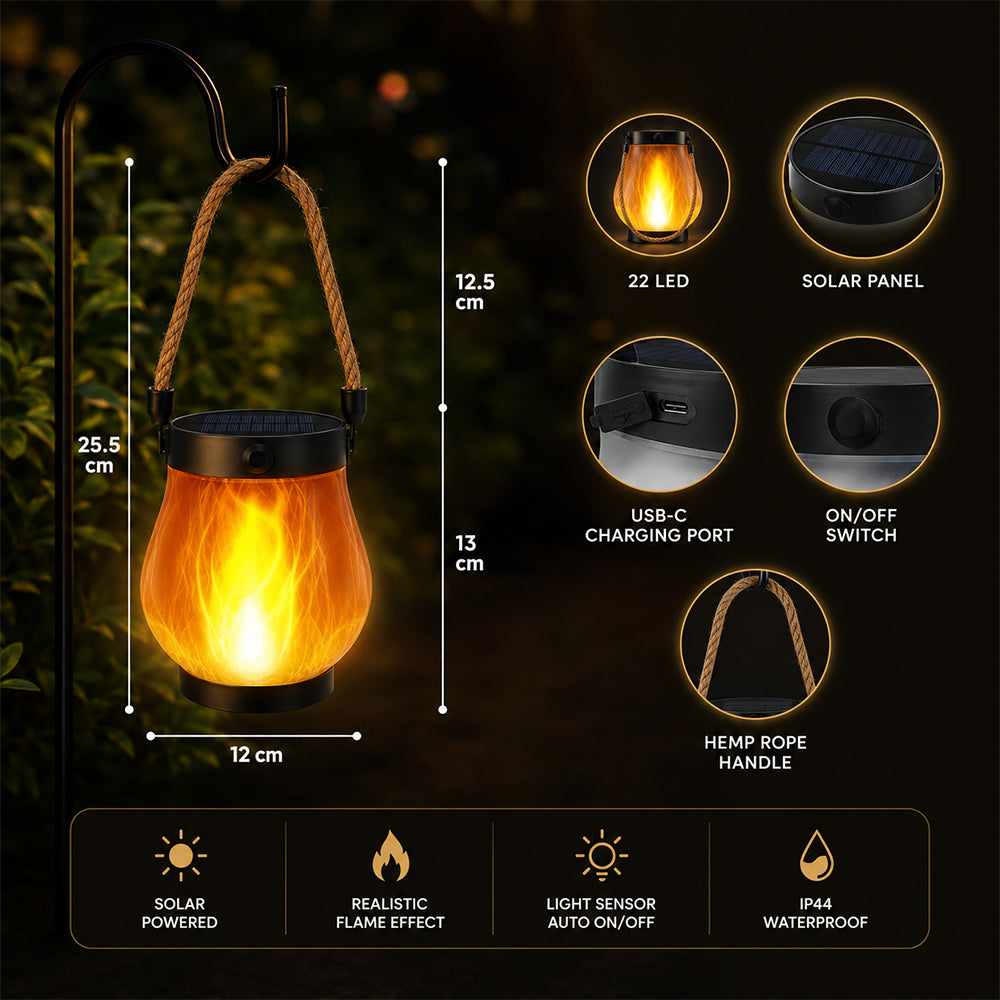 Solcellelanterne Ø12 cm med flammeeffekt-lys og hampetau