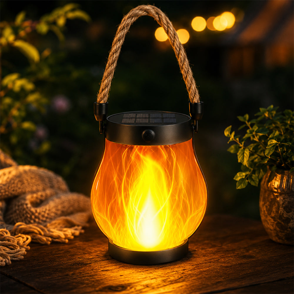 Solcellelanterne Ø12 cm med flammeeffekt-lys og hampetau