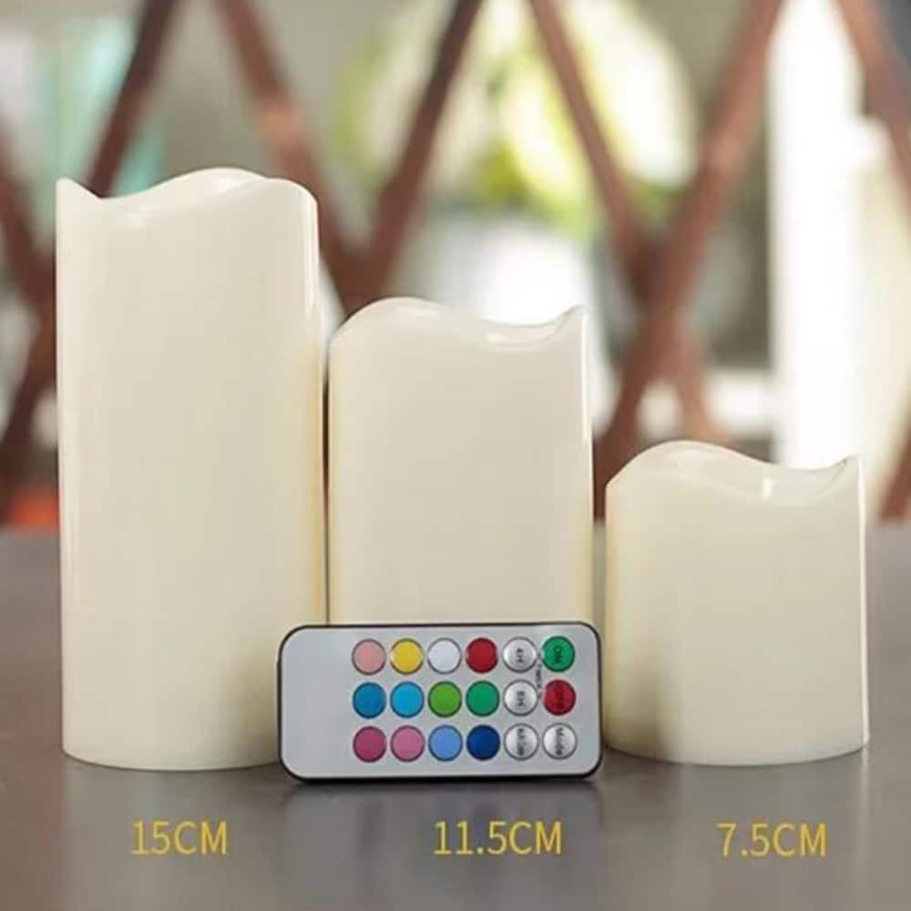 LED Stearinlys - 3 stk. - 7,5/11,5/15 cm - m/fjernkontroll - m/fargeendring