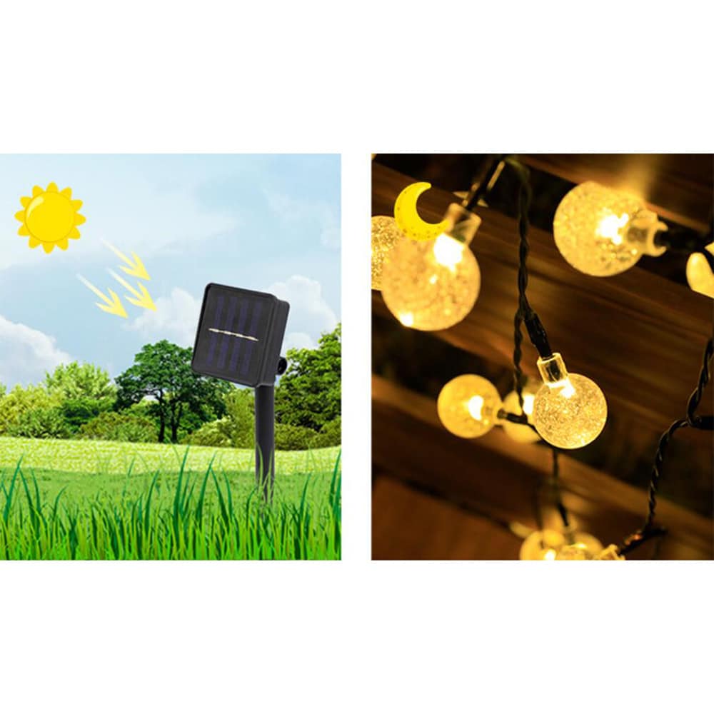 Lyskjede med 30 kuler - lades via solcellepanel for lading