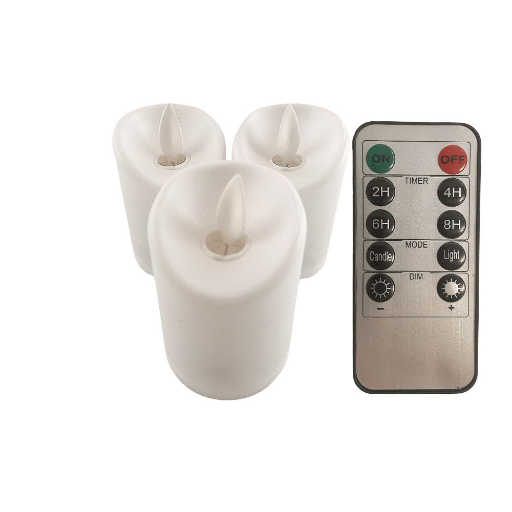 LED-lys i plast - 3 stk. - 7 cm - m/3D flamme og fjernkontroll - hvit