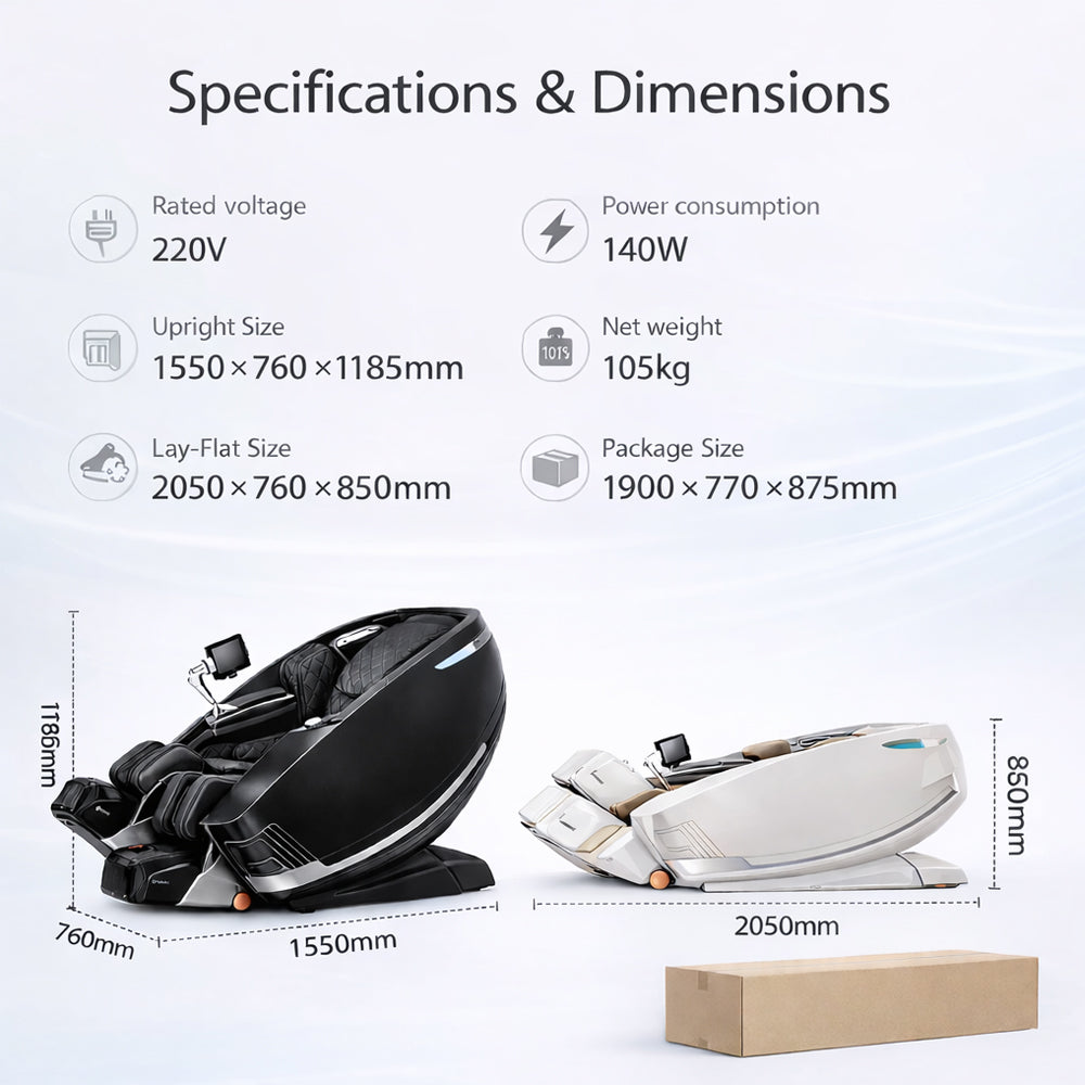 Massasjestol 4D med AI-styring, Dual Zone Stretching, 32 luftputer, varme i ben og rygg samt Zero Gravity