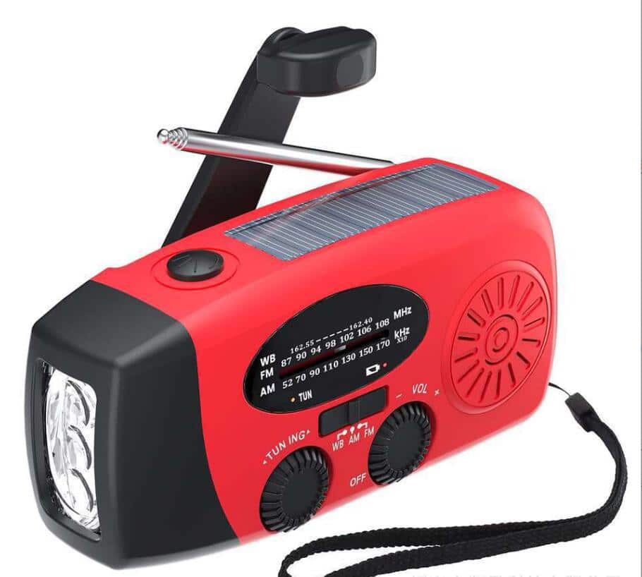 Nødradio FM/AM med innebygde solceller, lommelykt, powerbank og håndsveiv