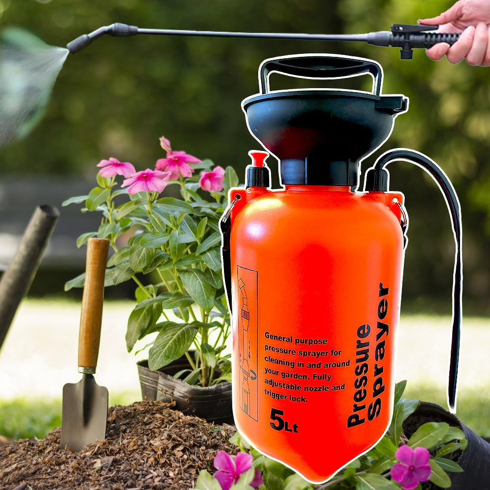 Trykksprøyte 5 liter med pumpe - oransje, hvot og gul -