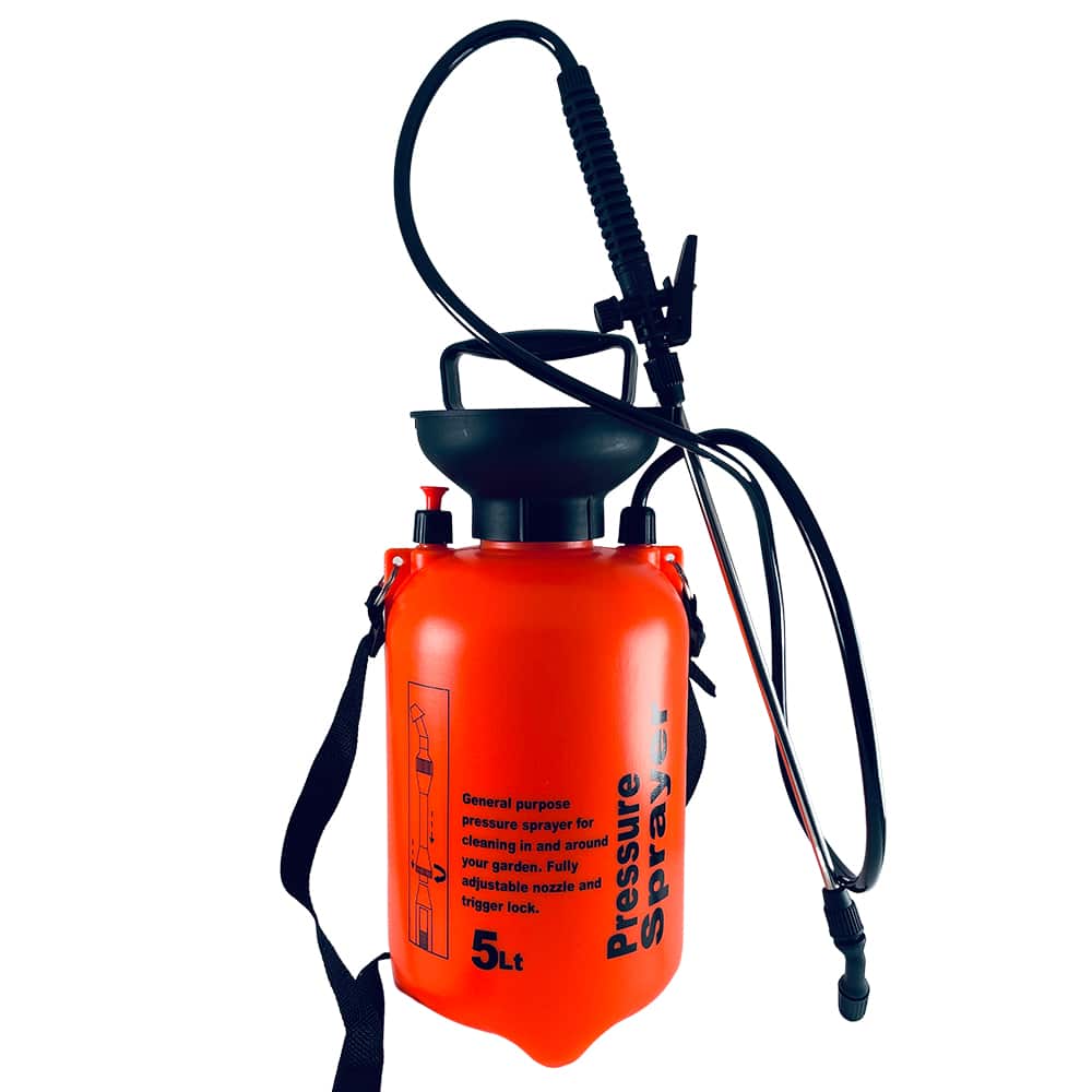 Trykksprøyte 5 liter med pumpe - oransje, hvot og gul -