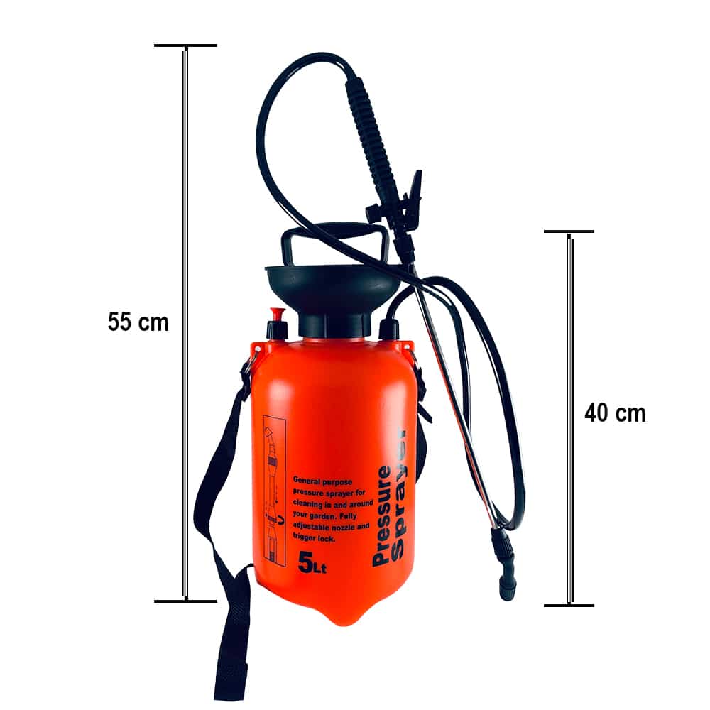 Trykksprøyte 5 liter med pumpe - oransje, hvot og gul -