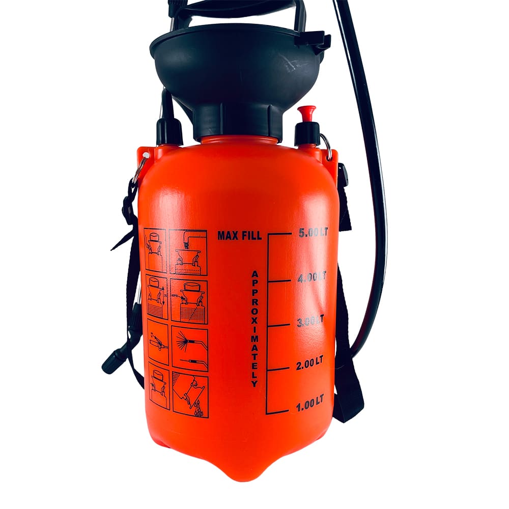 Trykksprøyte 5 liter med pumpe - oransje, hvot og gul -