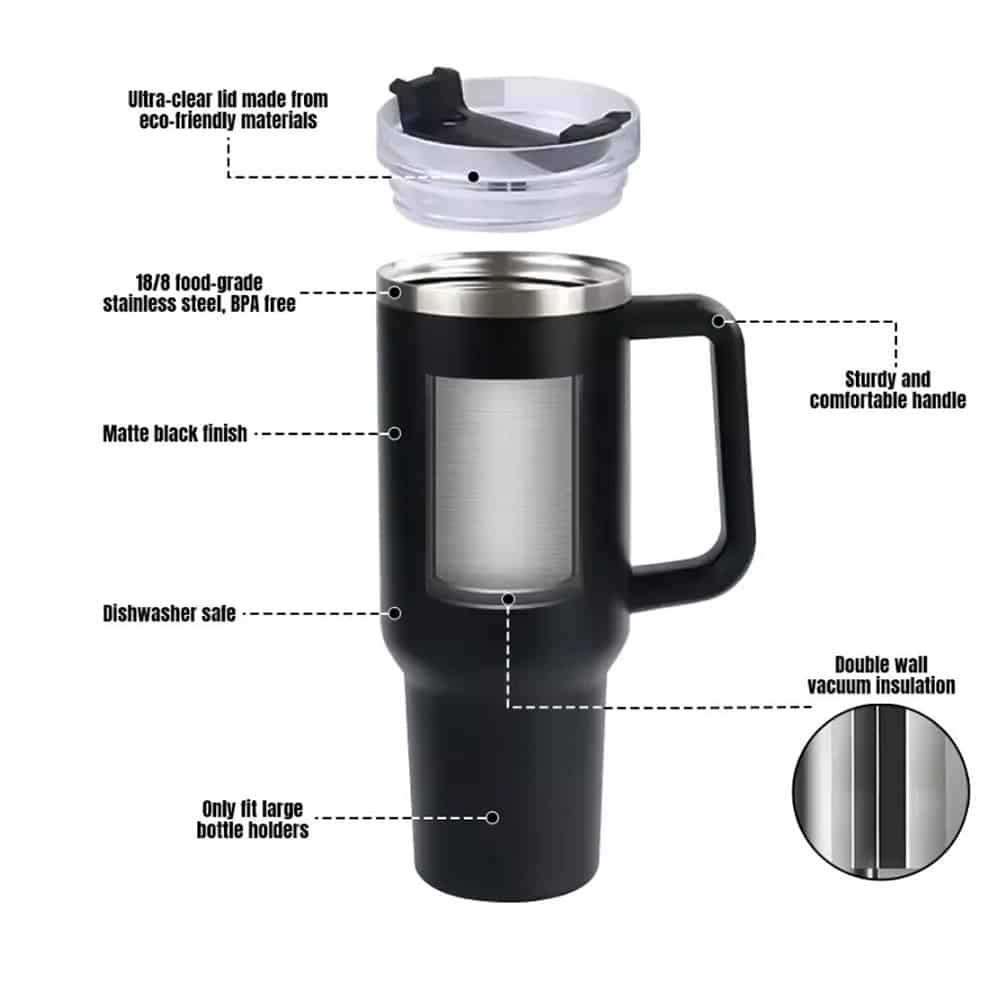 Tumbler termokopp 1200 ml med håndtak, lokk og sugerør